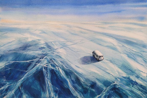 Байкал лед акварель