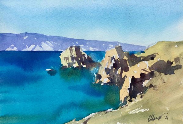 Пейзаж Байкала акварель