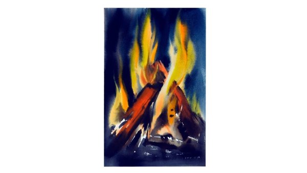 Костер ночью акварель