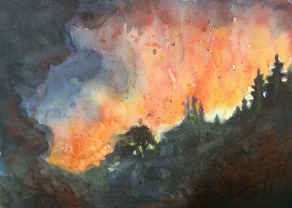 Лесной пожар акварель
