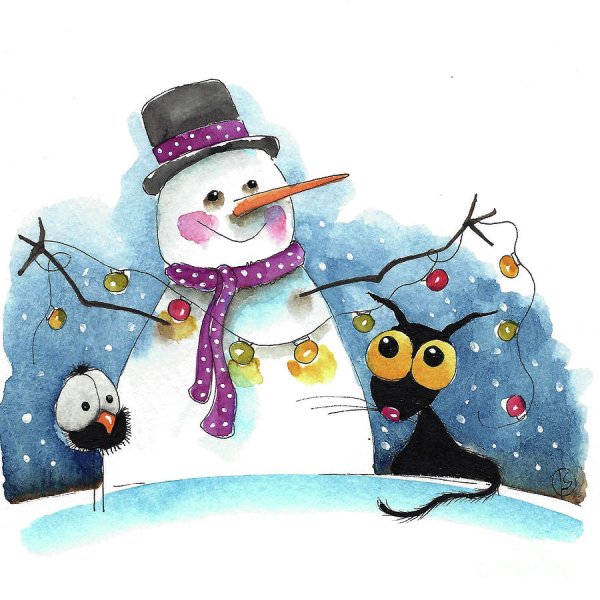 Снеговик акварель