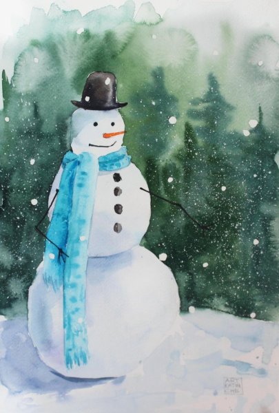 Снеговик скетч акварель
