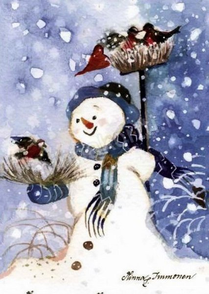 Снеговик акварель