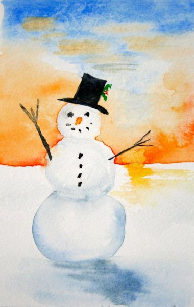 Рисование снеговика акварелью