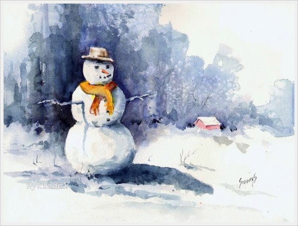 Снеговик карандашами акварельными