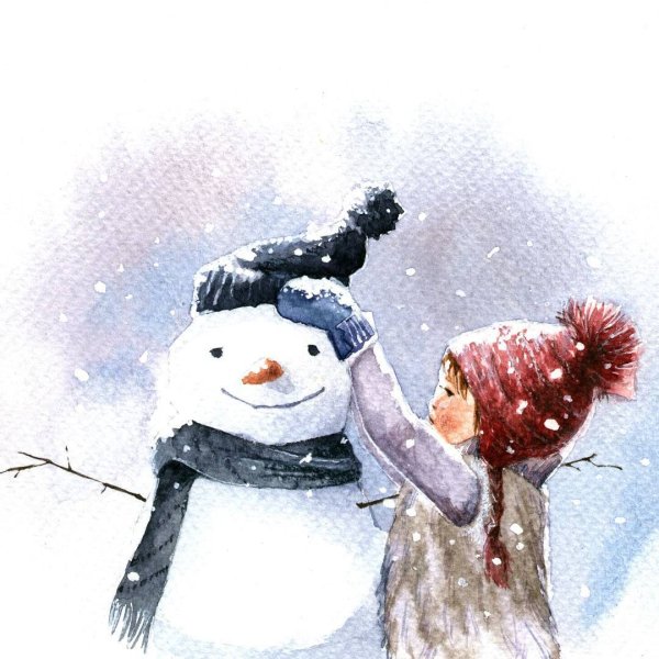 Новогодний Снеговик акварель