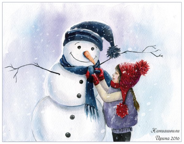 Снеговичок акварелью