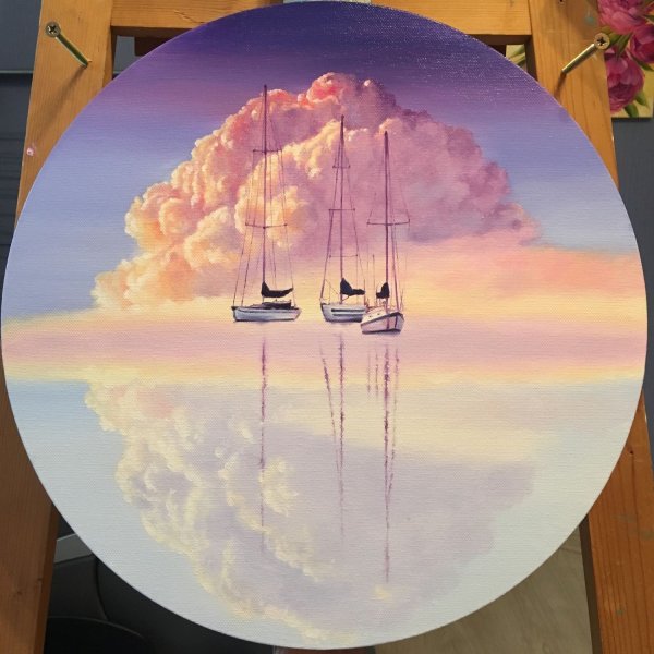 Море маслом на круглом холсте
