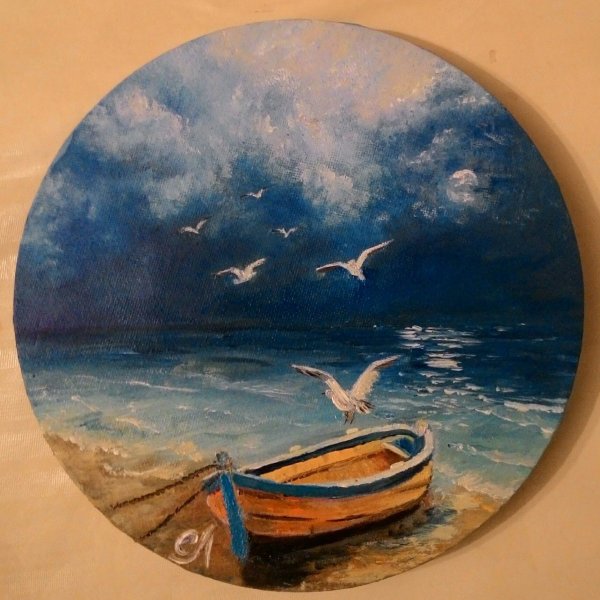 Море маслом на круглом холсте