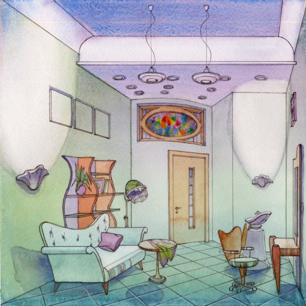 Необычный интерьер комнаты зарисовка