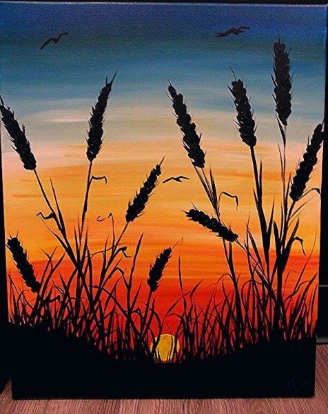 Пейзаж с камышами и закатом акрилом