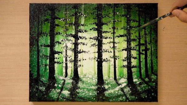 Лес акриловыми красками для начинающих