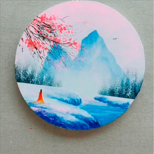 Горы акрилом на круглом холсте