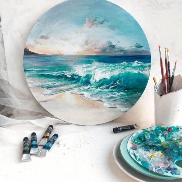 Море маслом на круглом холсте
