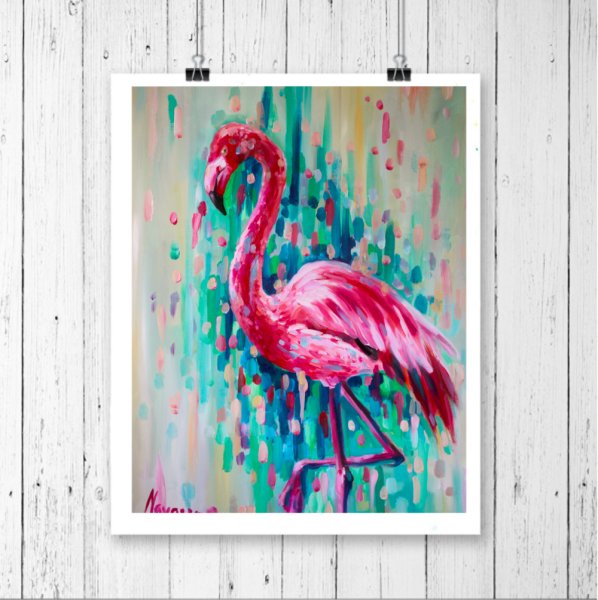 Фламинго на холсте красками