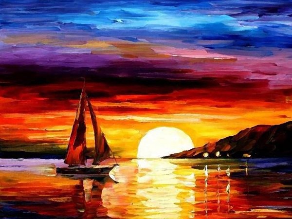 Закат на море гуашью