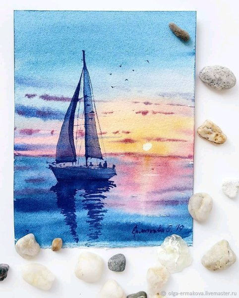 Корабль в море акварель