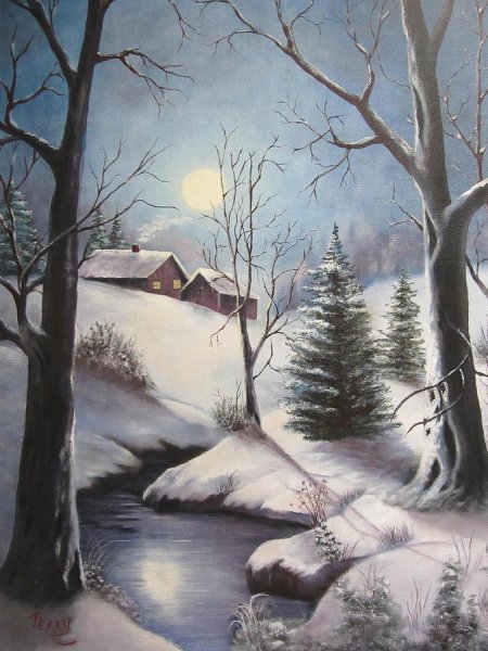 Зимний пейзаж акриловыми красками