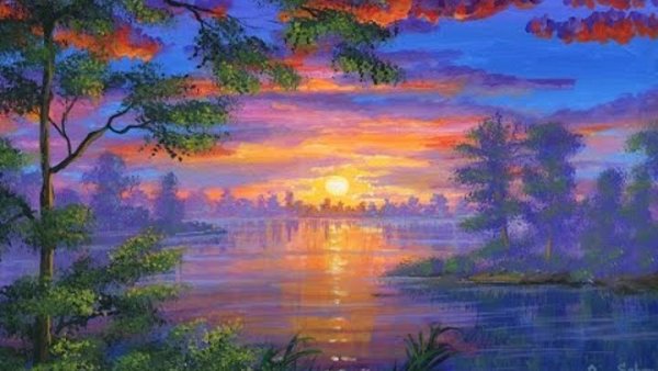 Закат на озере гуашью