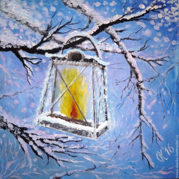 Зимний фонарь гуашью