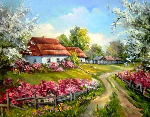 Деревенский пейзаж гуашью