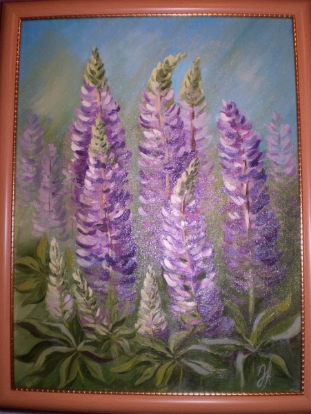 Восковые мелки и акварель люпины