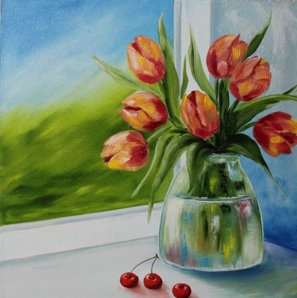 Тюльпаны в вазе акварелью
