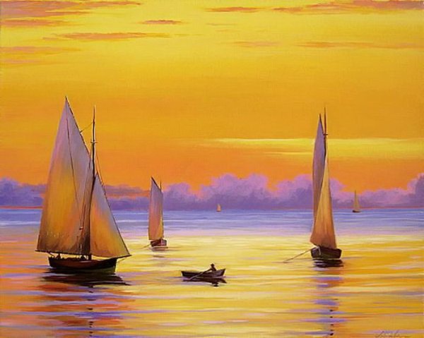 Яхта на закате живопись
