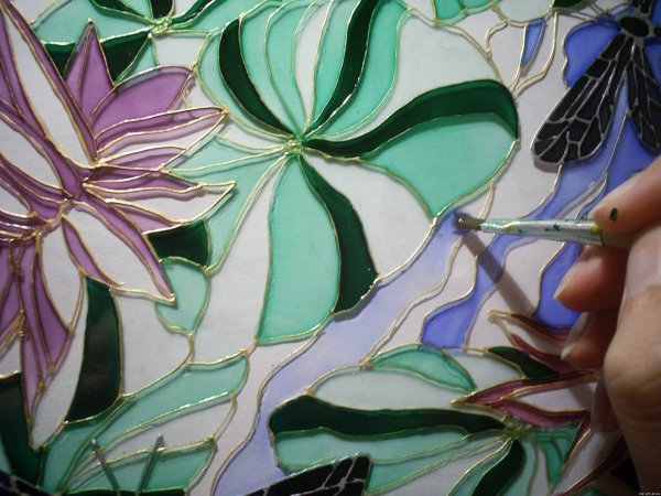 Цветы на стекле акриловыми красками