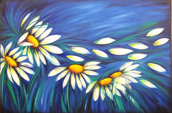 В гуаше стилизованные ромашки