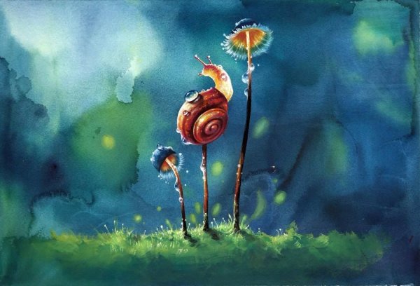 Улитка на грибе в живописи
