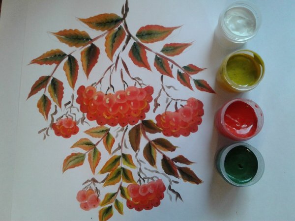 Ветка рябины гуашью