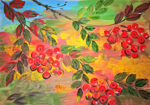 Рябинка ветка гуашью