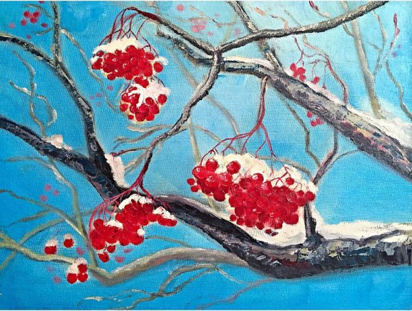 Гроздь рябины красками