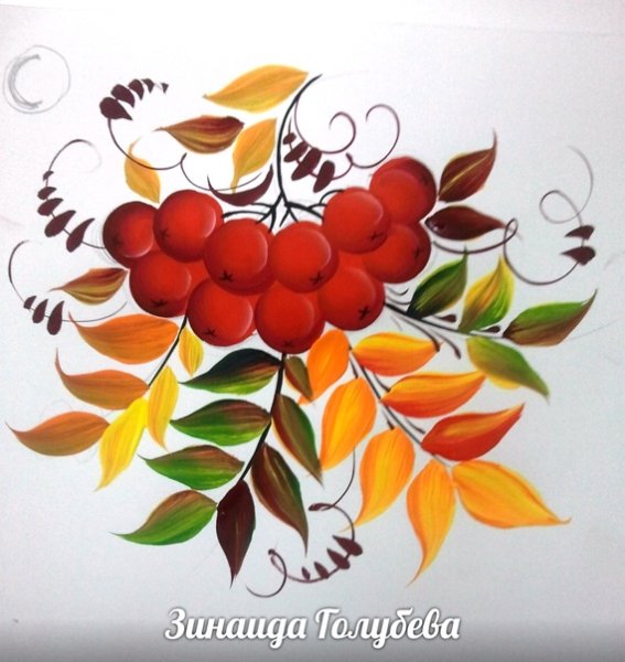 Рябина в снегу гуашью