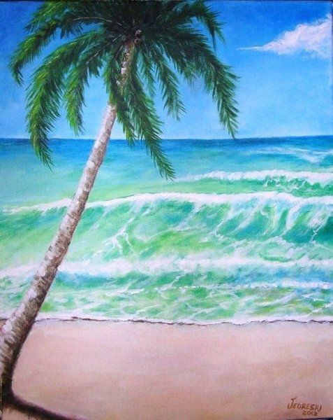 Пляж и море гуашью