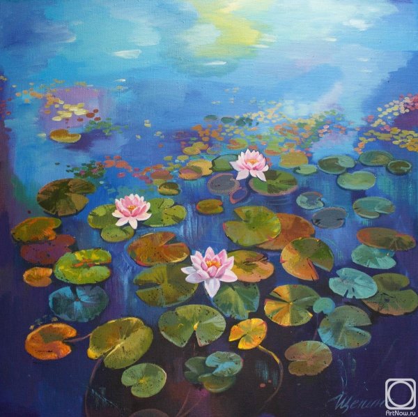 Пруд кувшинки акварель