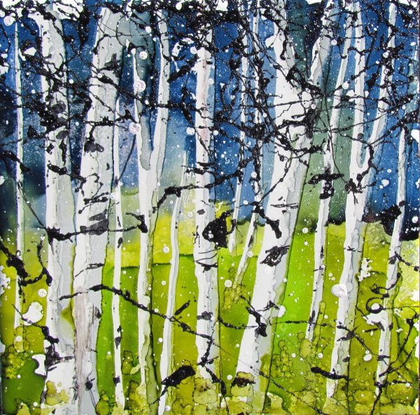 Пейзаж с березами акварелью и карточкой!