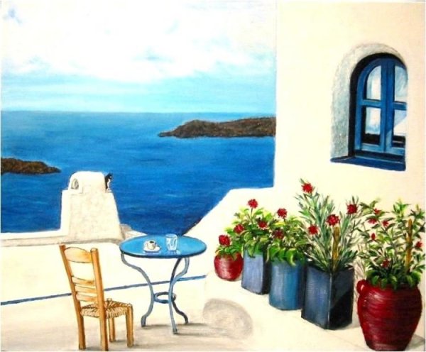 Дом в Греции у моря живопись