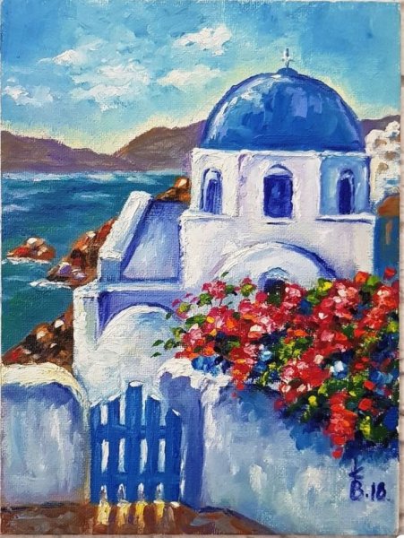 Санторини морской пейзаж маслом