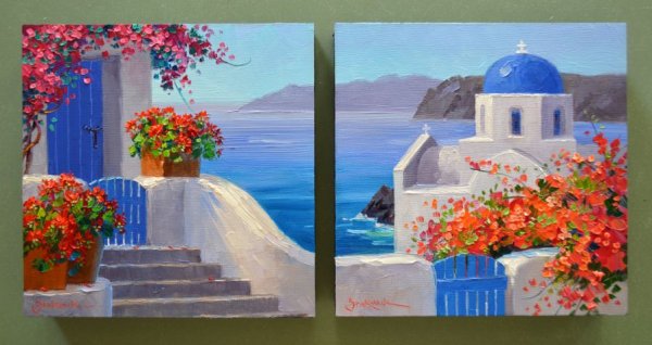 Греция Санторини картина акрил