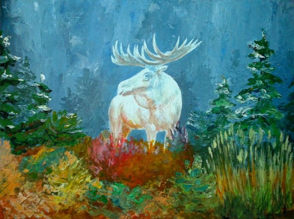 Рисунок лося в зимнем лесу сухой пастелью