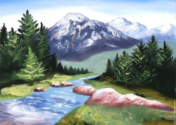 Горы и речка гуашью