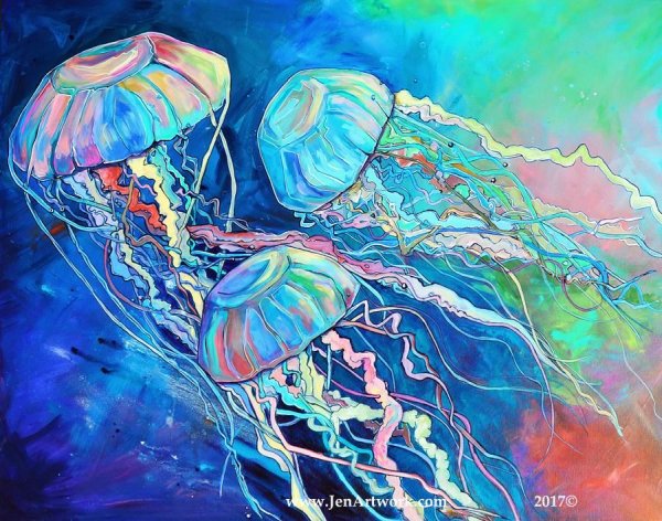 Рисование флуоресцентным акрилом медуза
