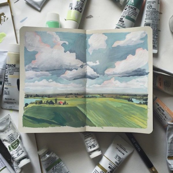 Пейзажи гуашью в скетчбуке
