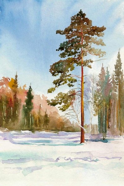 Зимний пейзаж гуашью