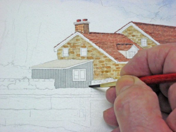 Кирпичный дом акварелью