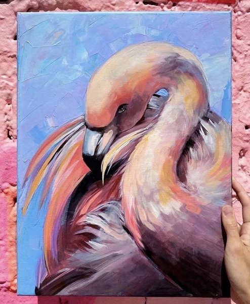 Фламинго на холсте гуашью