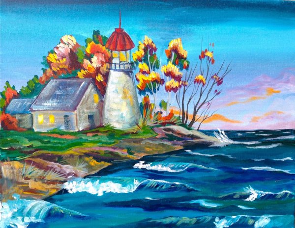 Рисование с детьми акрилом пейзаж Маяк