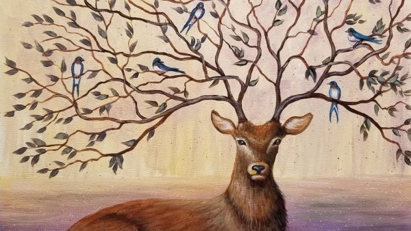 Рисунок акрил пейзаж с оленем